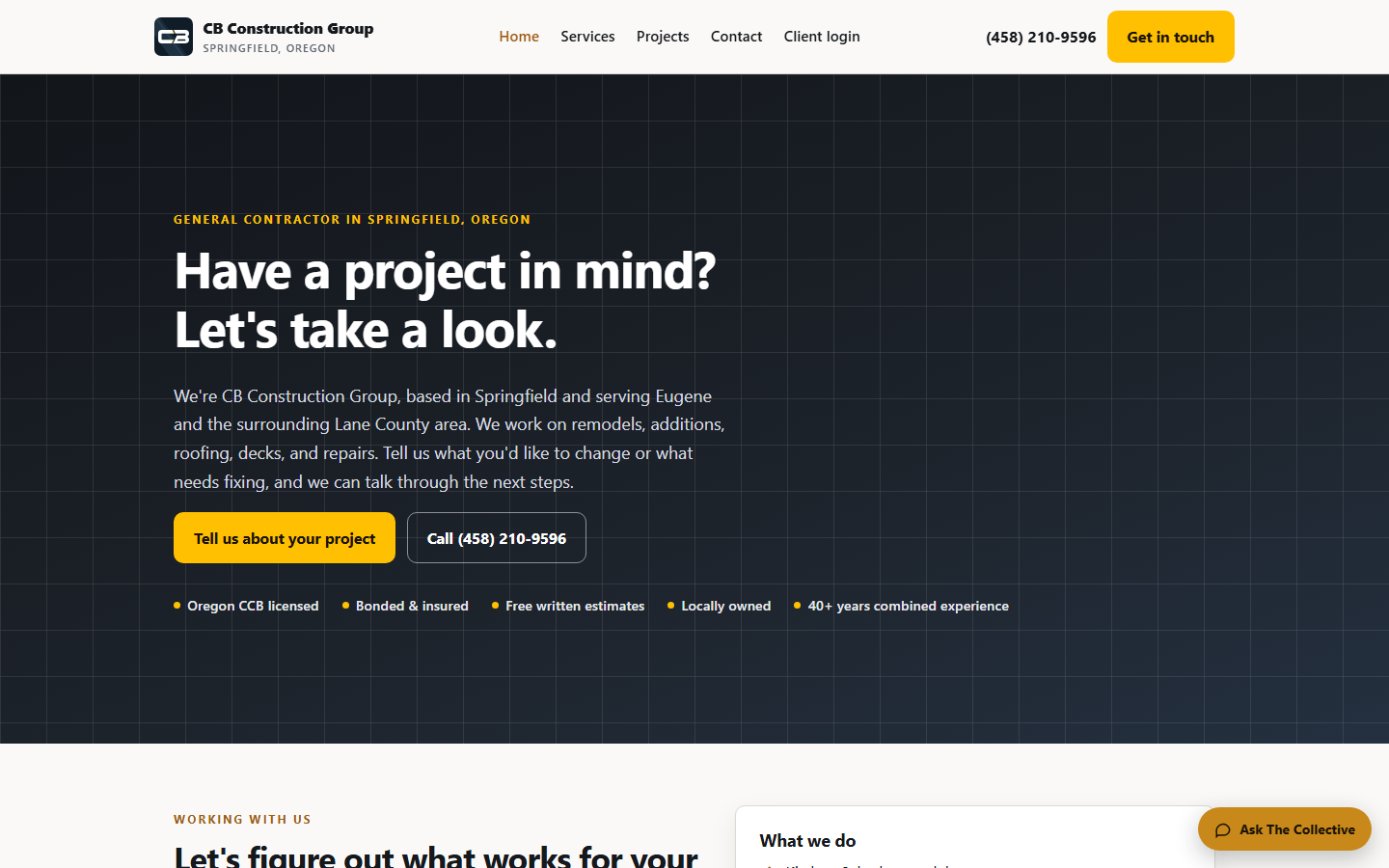 CB Construction Group — A contractor website with working client and contractor portals for bids, materials, and the daily back-and-forth.