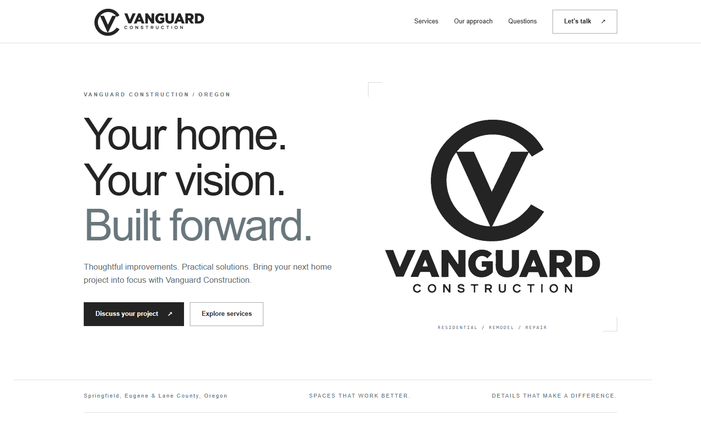 Vanguard Construction — A precise residential brand site, backed by client and contractor portals for bids, materials, and communication.